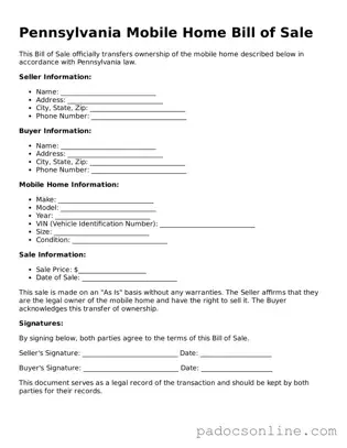 Legal Mobile Home Bill of Sale Document for the State of Pennsylvania