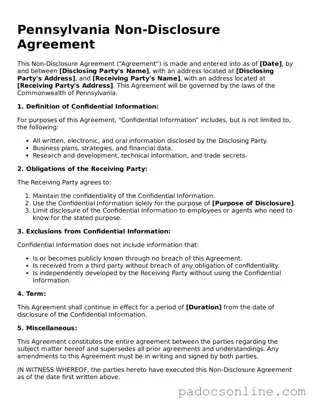 Legal Non-disclosure Agreement Document for the State of Pennsylvania
