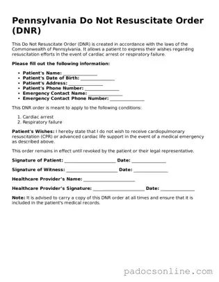 Legal Do Not Resuscitate Order Document for the State of Pennsylvania