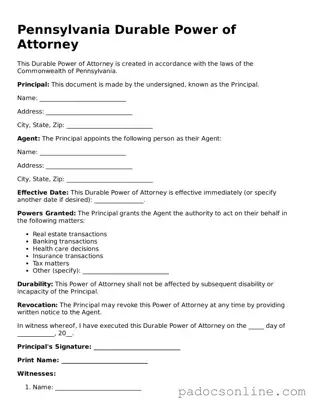 Legal Durable Power of Attorney Document for the State of Pennsylvania