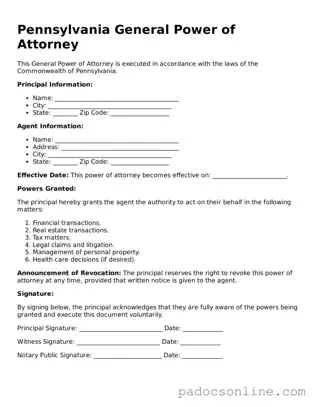Legal General Power of Attorney Document for the State of Pennsylvania