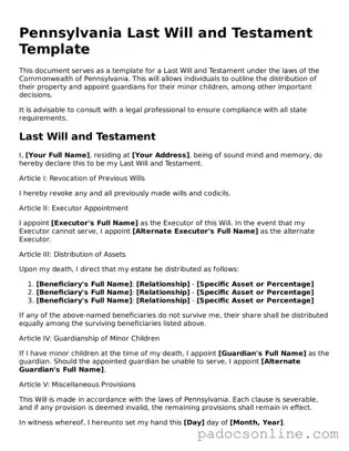 Legal Last Will and Testament Document for the State of Pennsylvania