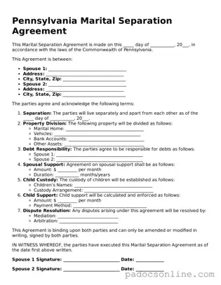 Legal Marital Separation Agreement Document for the State of Pennsylvania