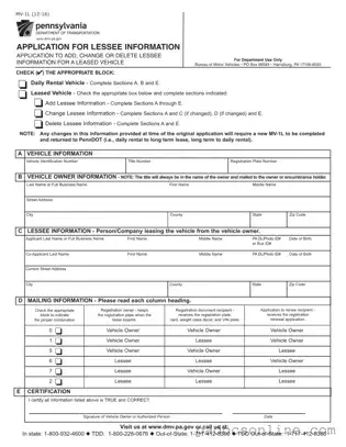 Blank Pennsylvania Mv 1L Template