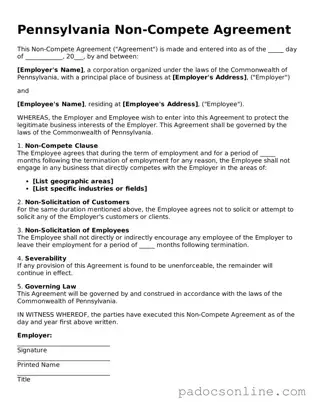 Legal Non-compete Agreement Document for the State of Pennsylvania