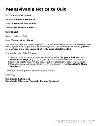 Legal Notice to Quit Document for the State of Pennsylvania