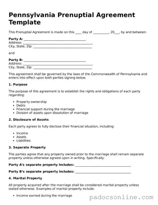 Legal Prenuptial Agreement Document for the State of Pennsylvania