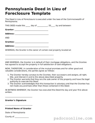 Legal Deed in Lieu of Foreclosure Document for the State of Pennsylvania