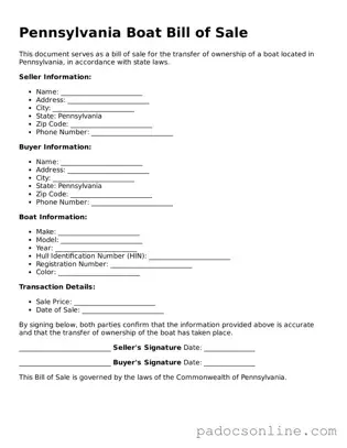 Legal Boat Bill of Sale Document for the State of Pennsylvania